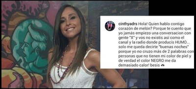 Cinthya de Recalde, la morena con aires de albina lanzó frases racistas contra la piel "negra".
