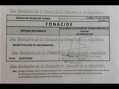 MUNICIPIO ENCARNACENO CUMPLE CON LA PRESENTACIÓN DE INFORME SEMESTRAL DE FONACIDE