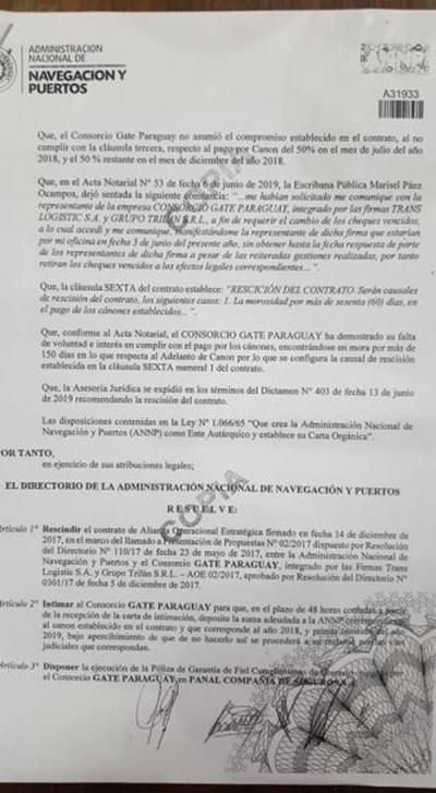 ANNP rescinde contrato con consorcio Gate Paraguay