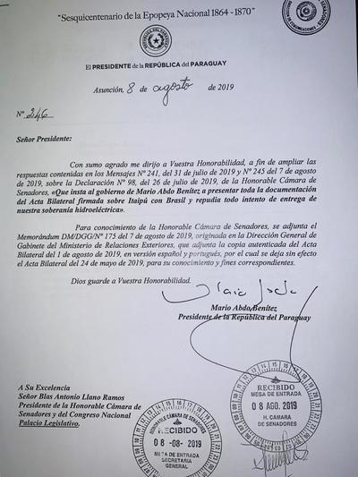 Abdo envía al Parlamento papeles ligados al acta secreta
