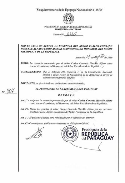 Renuncia asesor económico ad honorem de la Presidencia