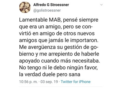 Nieto de Stroessner y mentor de Abdo, decepcionado del presidente: “Me avergüenza su gestión"