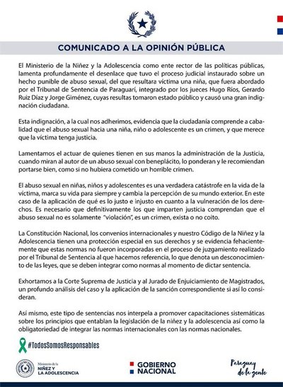 Ministra de la Niñez repudia leve condena por caso de abuso sexual a menor de edad