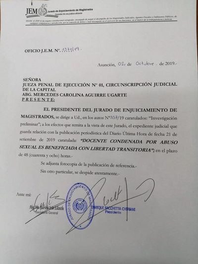 JEM pidió informes judiciales sobre el caso de la docente condenada por abuso sexual