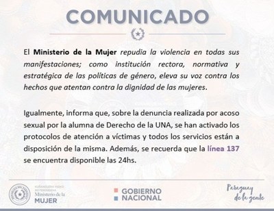 Ministerio de la Mujer repudia nuevo caso de acoso sexual en Derecho-UNA