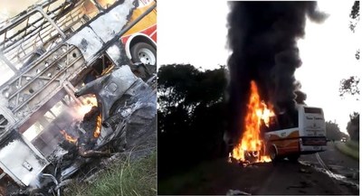 Dos fallecidos y un herido grave en choque entre ómnibus y automóvil. Ambos rodados se incendiaron