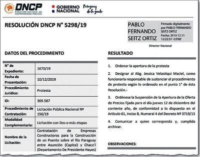 DNCP sustancia sorpresiva protesta en licitación para el puente Chaco’i