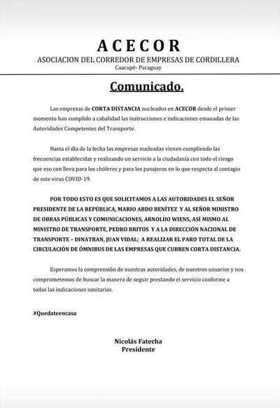 Piden paro total de circulación de ómnibus de corta distancia
