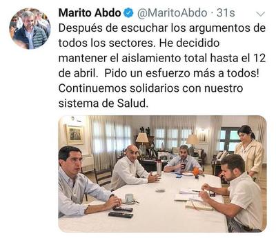 Confirman que cuarentena total va hasta el 12 de abril