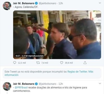 Twitter eliminó mensajes de Jair Bolsonaro contra el aislamiento