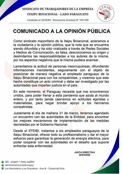 Sindicato de Itaipú asegura que nota viralizada “es falsa”