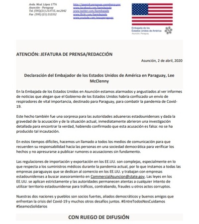 ¿Está o no confiscada la carga de respiradores en EE.UU.? Surgen maraña de versiones, pero ahora la Cancillería mantiene un absoluto silencio